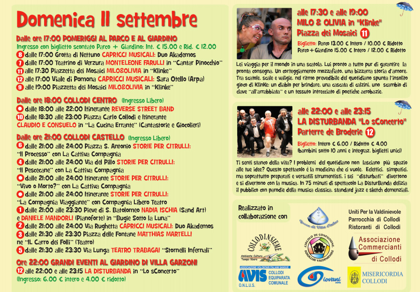 Il programma di SenzaFili- Pinocchio Street Festival 2016, relativo a domenica 11 settembre