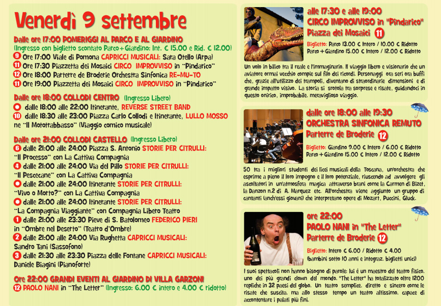 Il programma di SenzaFili- Pinocchio Street Festival 2016, relativo a venerdì 9 settembre